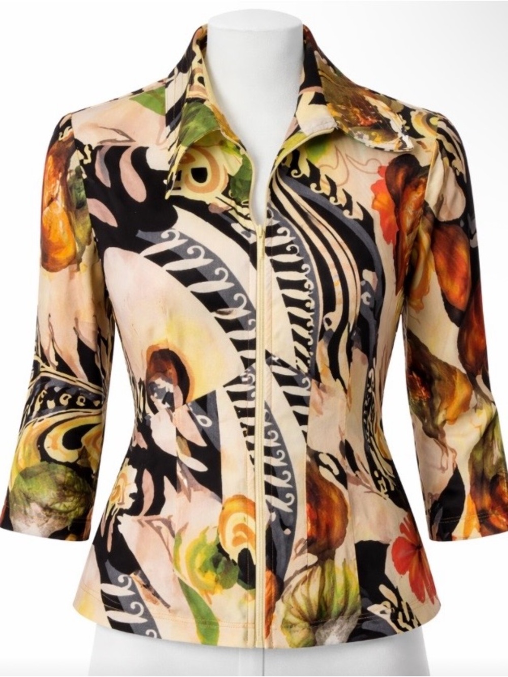 Alberto Makali Womens Jacket Top Sz Large Abstract Zip Front 3/4 Sleeve Stretch